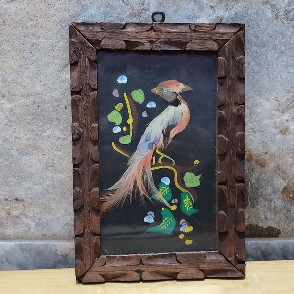 VTG Painted Exotic Bird Feather Art In Hand Carved Wooden Frame - Picture 1 of 12
